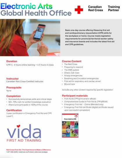 Electronic Arts - Private Group Training - Certified Emergency First Aid + CPR-C/AED (Blended Learning) [OFA 1 Equivalent / Basic]